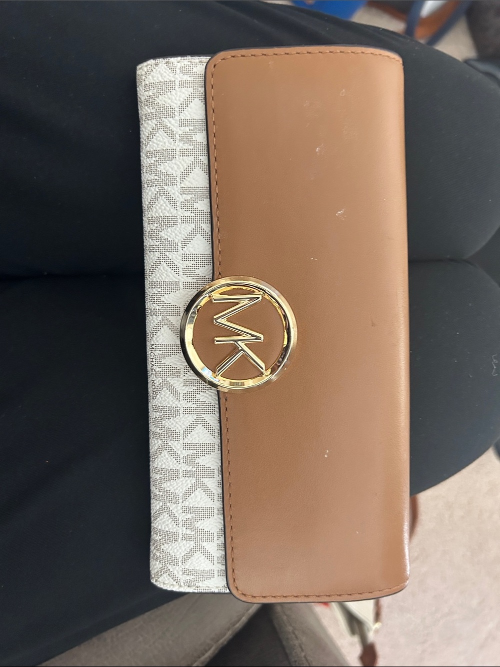 Michael Kors Tan and Cream Logo Continental Wallet with Gold MK Emblem